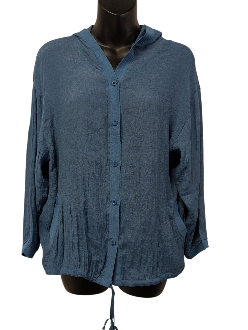 Linlilai Blue Textured Crinkle Button Down Hooded Jacket Top Size Large